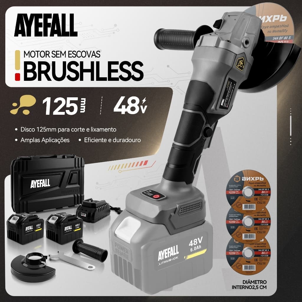 Esmerilhadeira Angular Sem Escova 125mm 48V Bateria 6.0Ah Kit Com Acessórios Para Corte E Lixamento De Metal