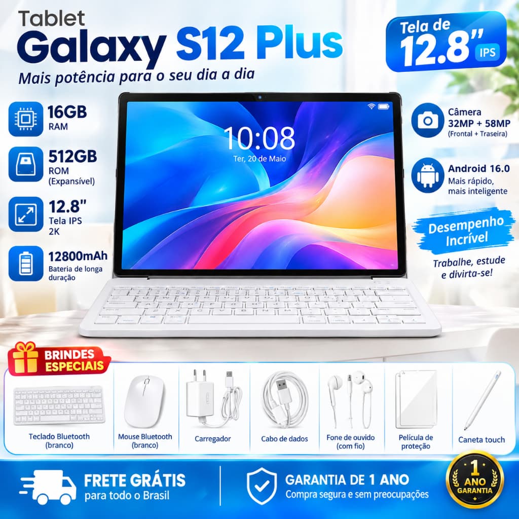 【Garantia 2 Anos】Tablet Glaxy S12 Plus  | 16GB RAM 512GB | 12.8" HD Screen | Android 15 | 5G | WIFI | Frete Grátis