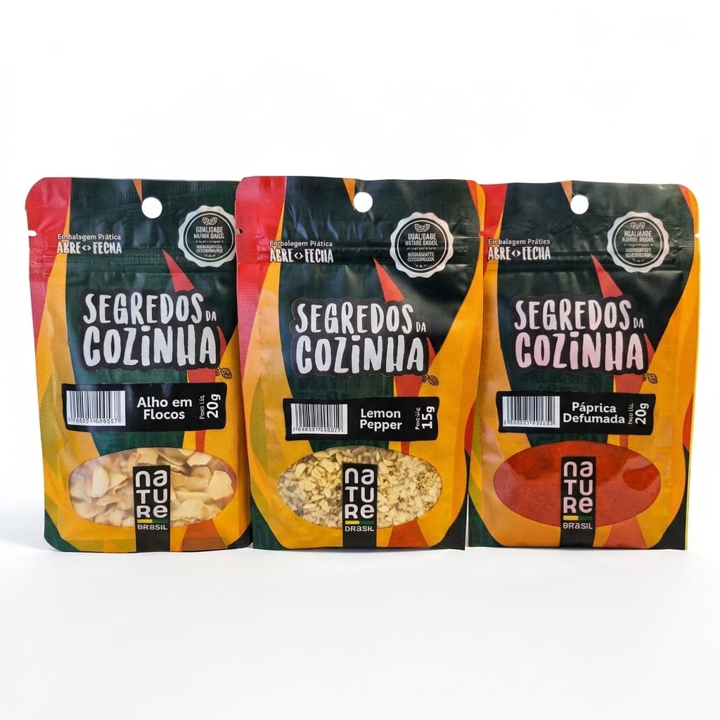 Kit Temperos Nature Brasil Segredos da Cozinha Alho Lemon Pepper Páprica 55g Embalagem Abre e Fecha