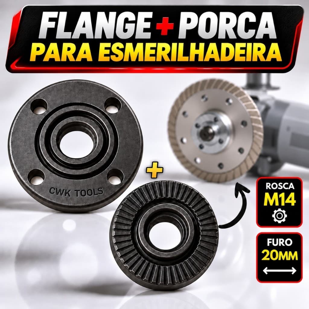 Kit Flange Furo 20mm + Porca Adaptador Para Esmerilhadeira Politrizes Discos Corte Porcelanato 2 Peças Rosca M14