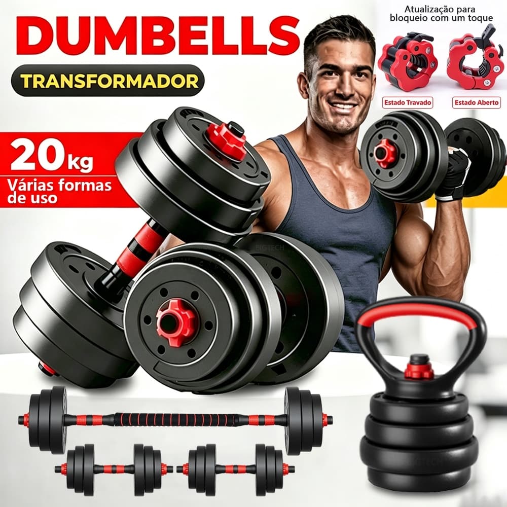 Kit de Halteres Ajustável E Anilhas de 20kg com Kettlebell 6 em 1 Barras de Musculação Academia Treino Fitness Peso