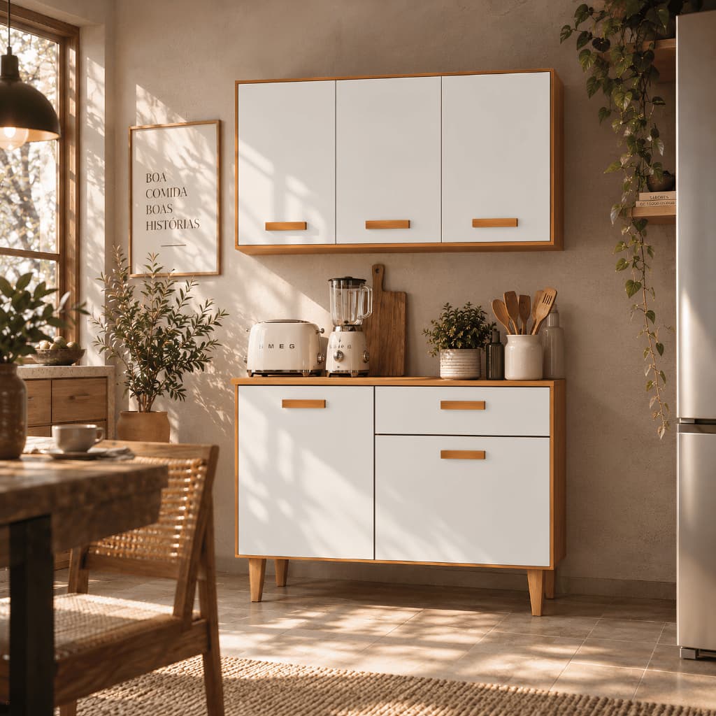 Armário de Cozinha de Parede Organizador Modulado Completo C/ 5 Portas e 1 Gaveta C/ Balcão e Nicho Multiuso e Espaçoso