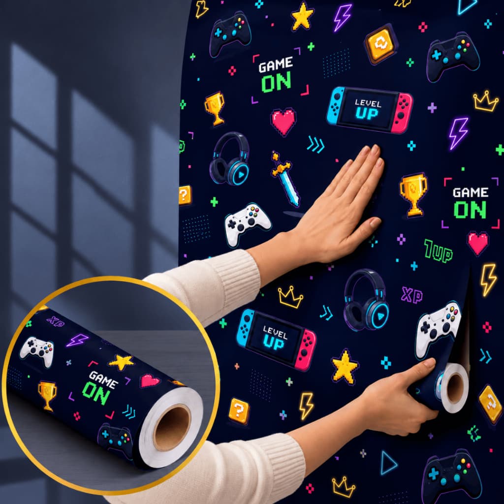 Papel de Parede Adesivo Gamer Videogame Controle Neon Preto Colorido Quarto Menino Decoração