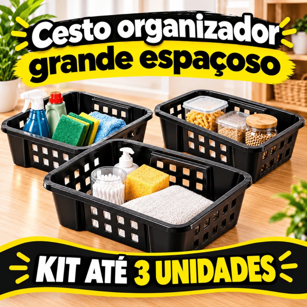 Kit Cestos Organizador Grande Multiuso Banheiro Quarto Sala Escritorio Gaveta Preto