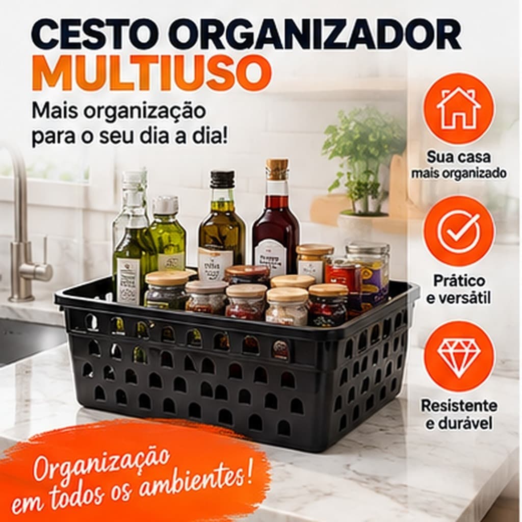 Cesto Organizador Multiuso Preto 29cm Caixa Organizadora Plástica para Cozinha Banheiro