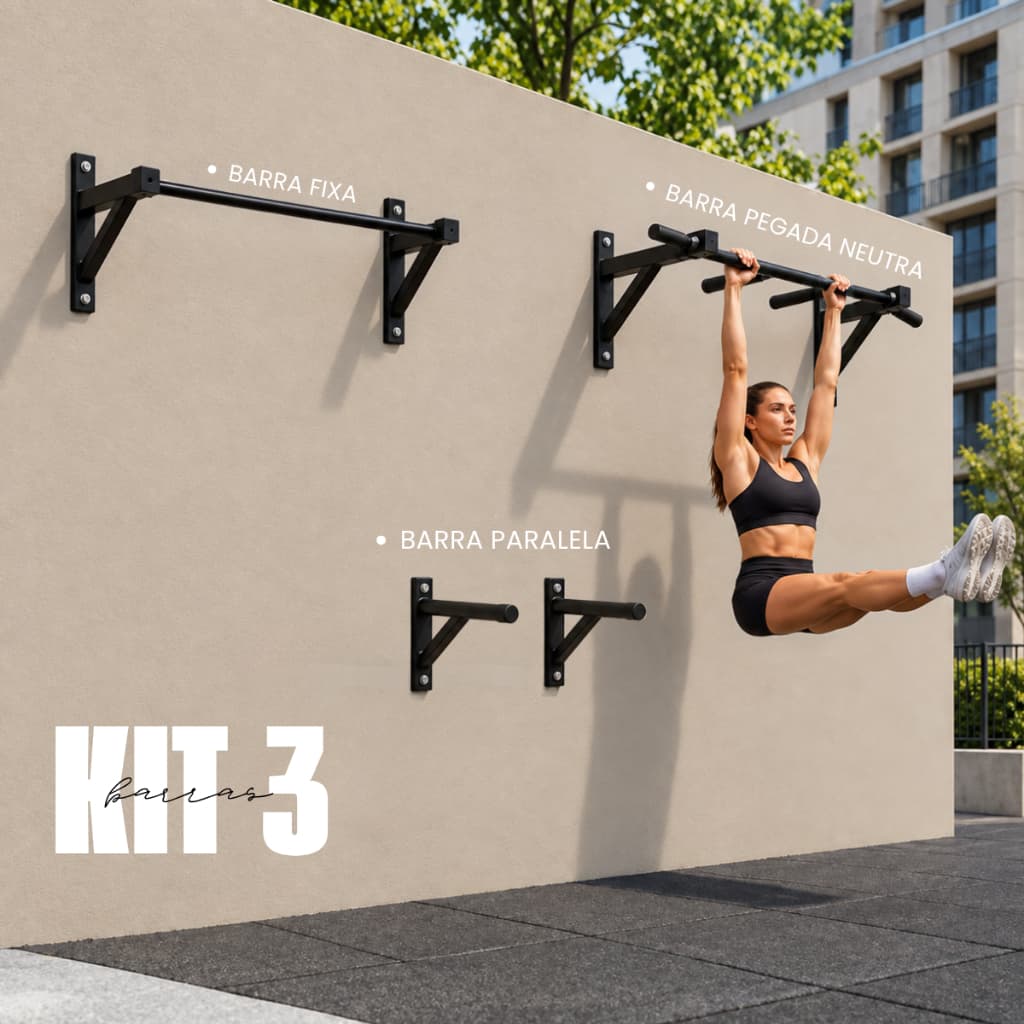 Kit 3 em 1 Barra Fixa + Barra Pegada Neutra + Barra Paralela de Parede Academia Musculação Calistenia Treino Funcional