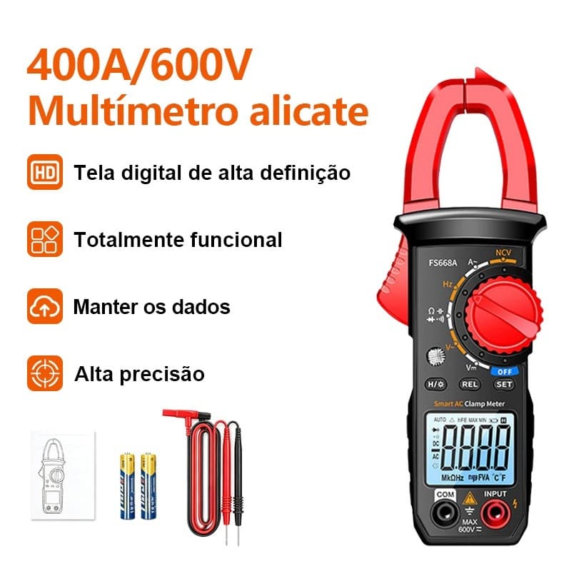 Alicate Amperímetro  Multímetro Digital 400A CC/CA Testador de Ampères Hz Capacitância