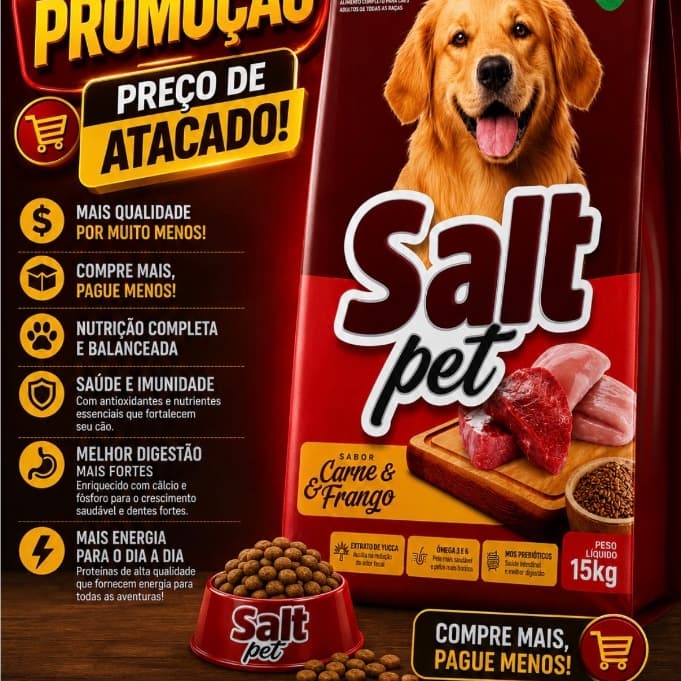 Ração para Cachorro Cães adultos Salt Pet 15Kg sabor Carne & Frango Premium qualidade para o seu Dog