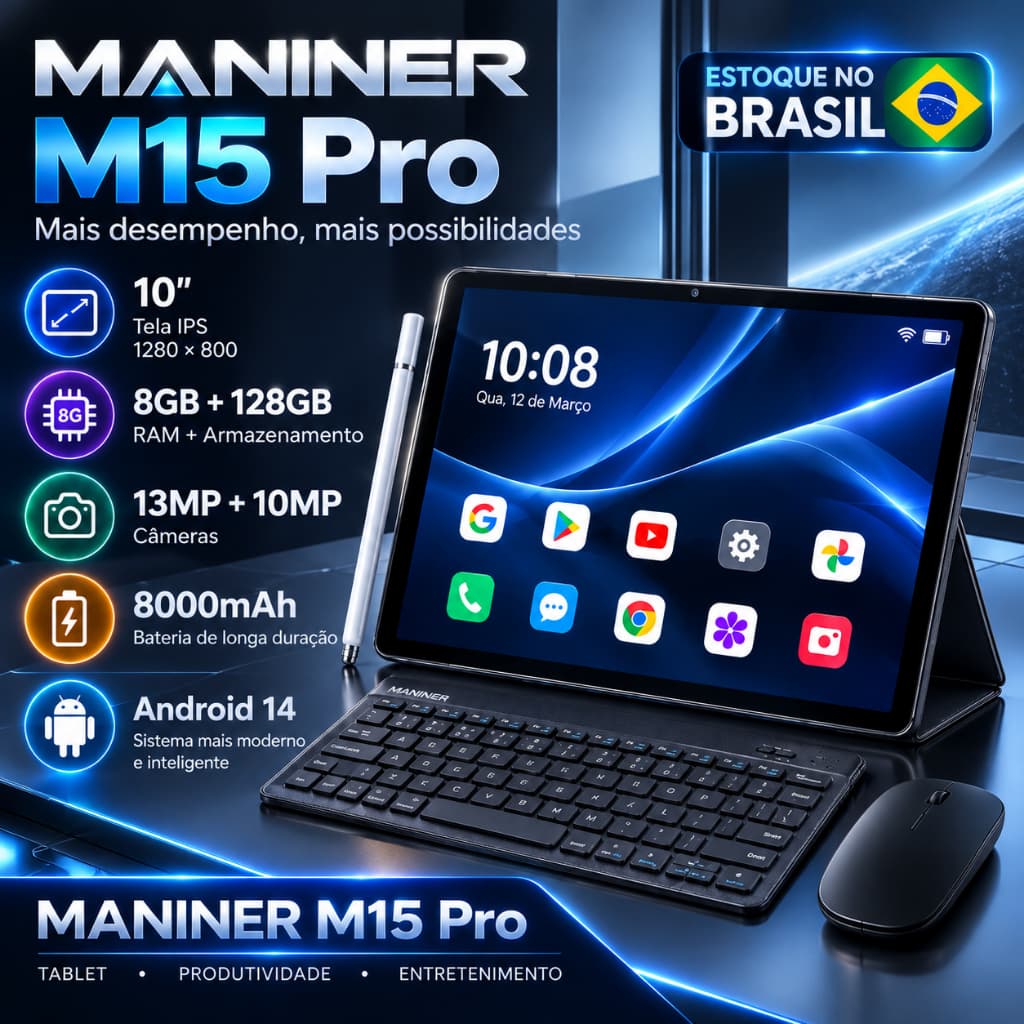 Tablet 10" Android 14 8GB RAM 128GB Wi-Fi Bateria 8000mAh com Teclado e Mouse Grátis para Filmes e Entretenimento