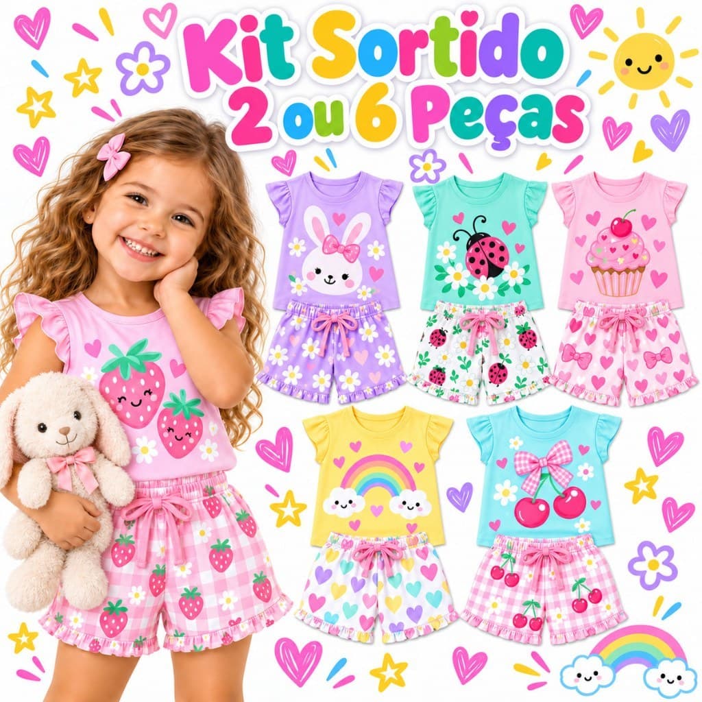 Kit Sortido de 2 ou 6 Peças de Roupas Infantil Menina Kit com Conjuntos de Roupa Infantil Menina Verão Feminino Bebê
