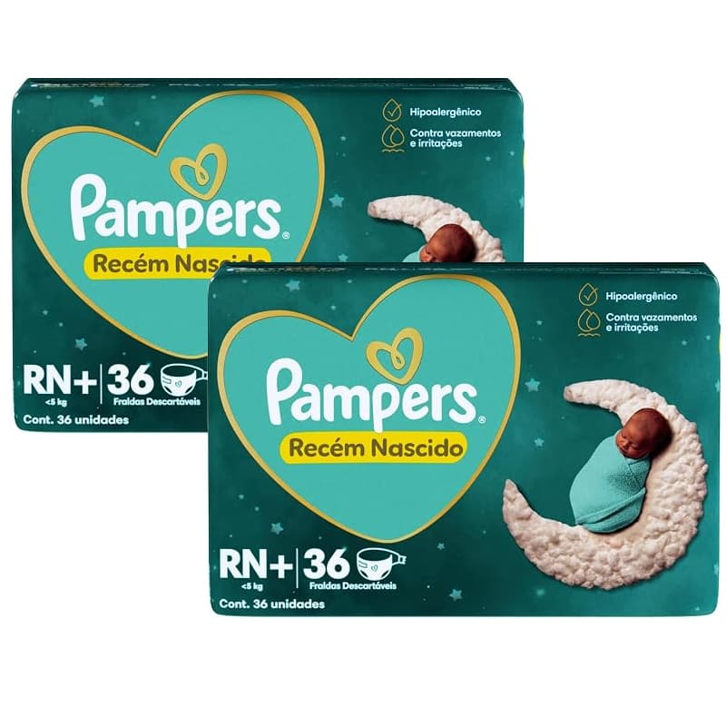 Kit 2ptes Fraldas Pampers RN+ RECÉM NASCIDO até 5kg 36un cada - Total 72un EQ.1