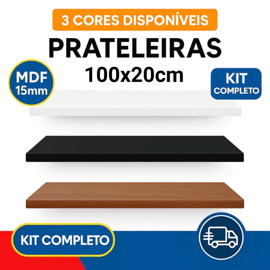 Prateleira 100x20cm Organizadora de Parede MDF 15MM para Quarto Cozinha Sala Banheiro com Suporte Branca Preta Freijó