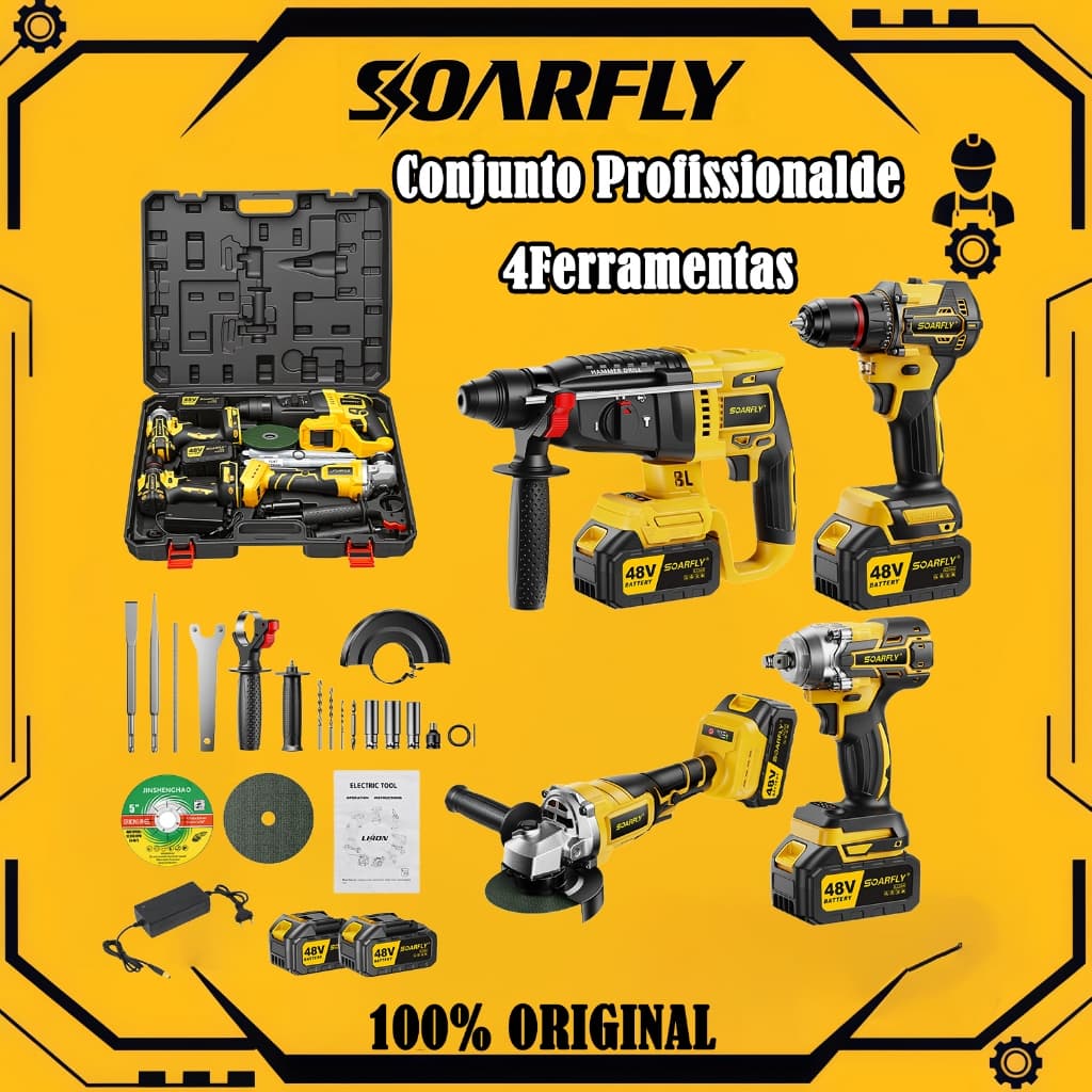 Kit Profissional 4 em 1 48V: Furadeira, Chave de Impacto, Esmerilhadeira, Parafusadeira + 2 Baterias