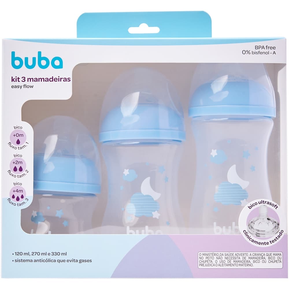 Kit 3 Mamadeiras Buba Easy Flow Nuvem Azul– 120ml, 270ml e 330ml | Anticólica | BPA Free