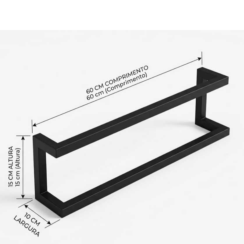 Suporte Porta Toalha Duplo Parede 60cm x 15cmToalheiro Preto fosco Industrial Moderno