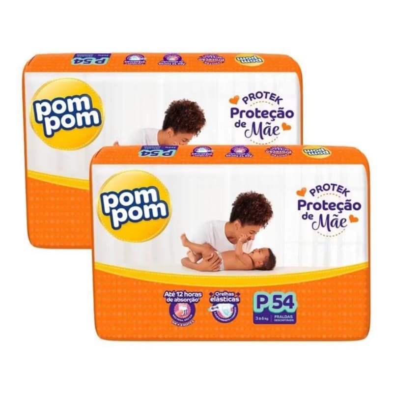 Kit 2 Fraldas Descartáveis Pom Pom Protek Proteção de Mãe Tamanho P – 54 Unidades Cada (Total 108 Fraldas)