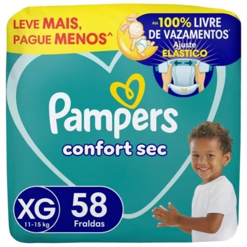 Fraldas Pampers Confort Sec Tamanho XG Pack com 58 Unidades – Proteção Antivazamento e Absorção Superior