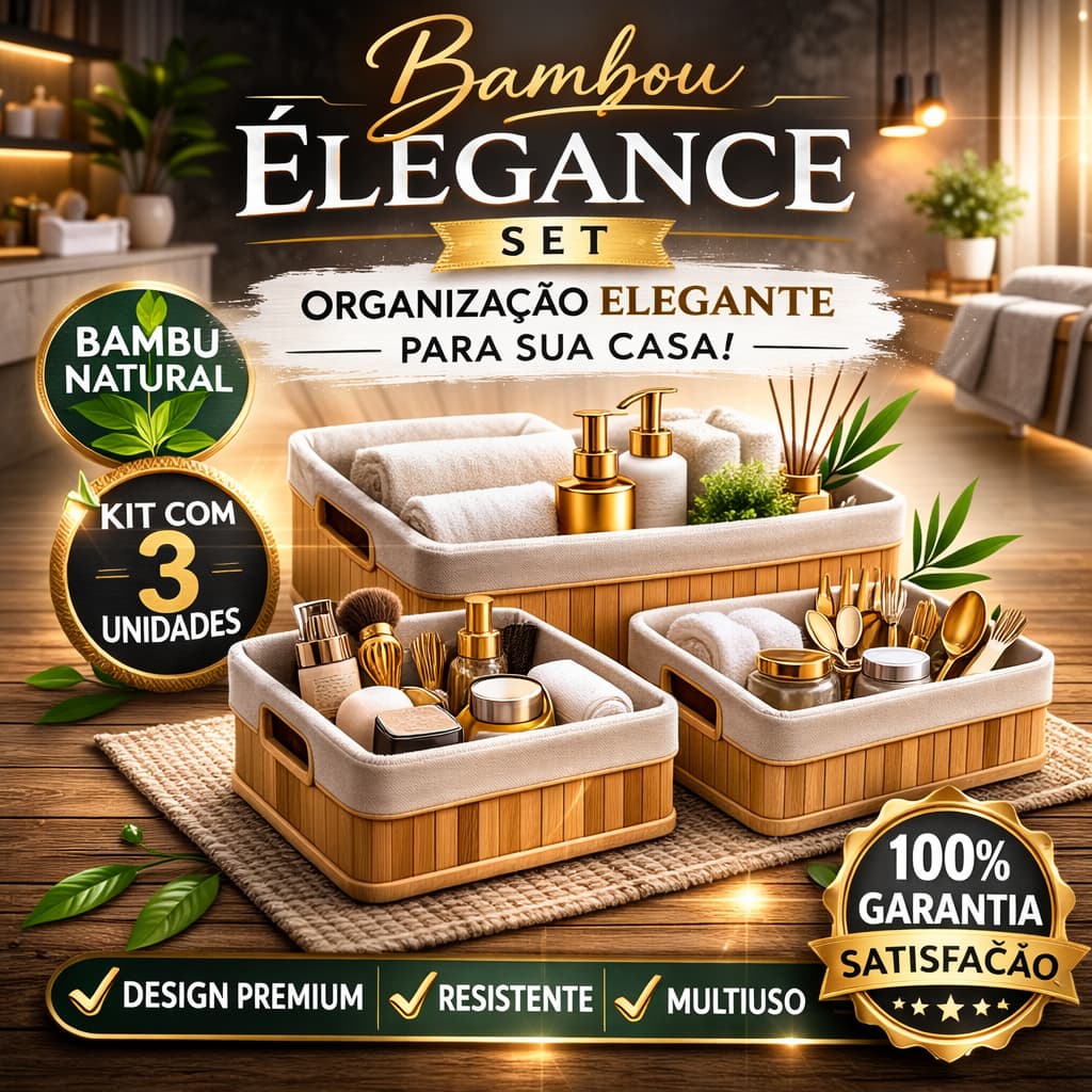 Kit 3 Cestos Organizadores de Bambu Natural Multiuso | Organizador para Banheiro, Cozinha, Maquiagem e Gavetas
