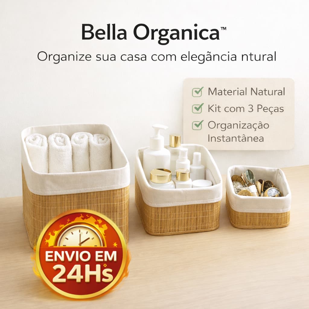 Kit 3 Cestos Organizadores Bamboo Bella Organica™|Multiuso Banheiro Cozinha Closet Decoração Natural