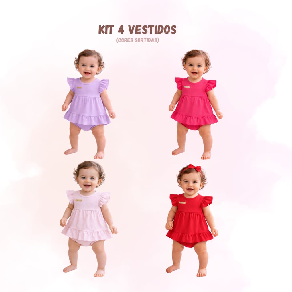 Kit 4 Vestido + Calcinha Tapa Fralda Infantil Menina Bebê 0-6 Meses