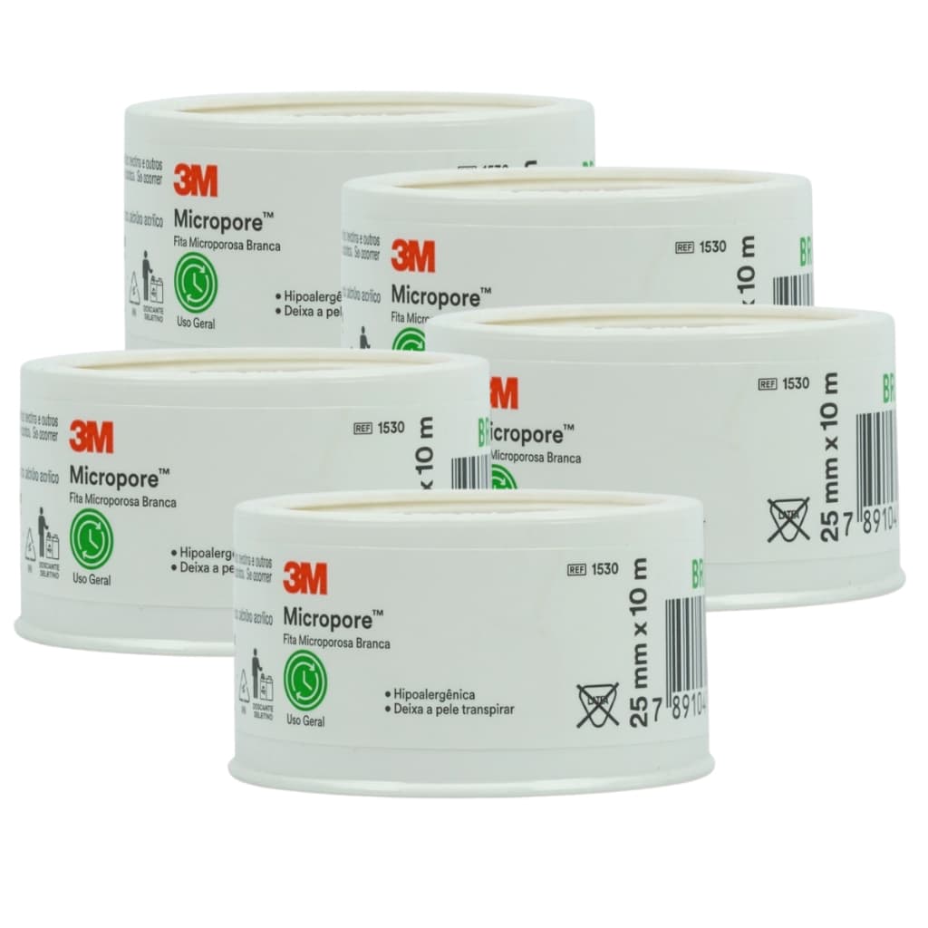 Kit 5 Fitas Micropore Branca 2,5cmx10m Hipoalergênica Fixação Curativos H0001400805
