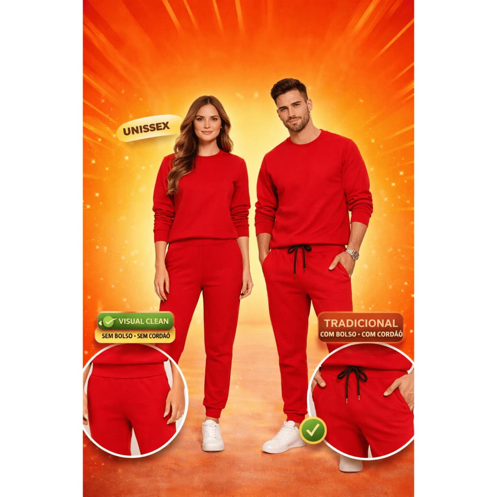 Conjunto Moletom Unissex Vermelho Premium Flanelado Jogger Gola Redonda Com e Sem Cordão