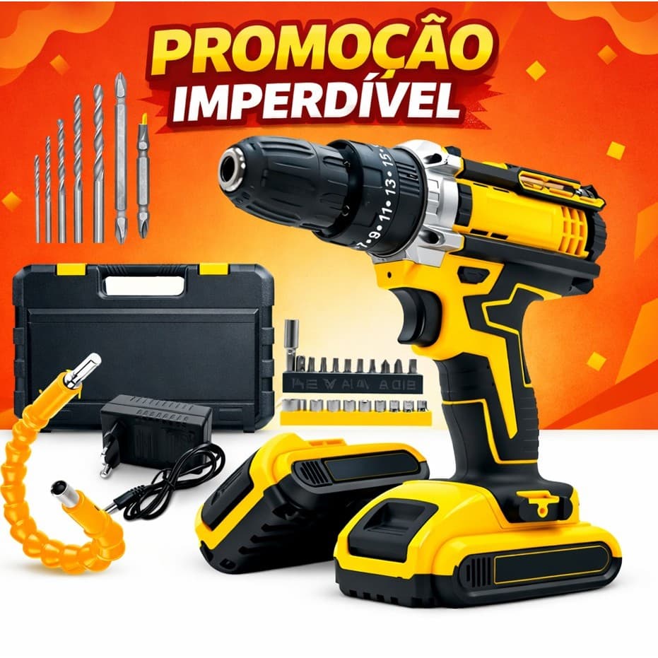 Parafusadeira Furadeira De Impacto Sem Fio 2 Baterias Com Maleta e acessórios