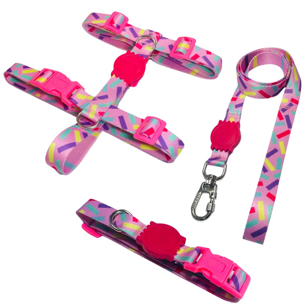 Kit Passeio Peitoral H Guia e Coleira Para Cachorros Cães Pets Confete