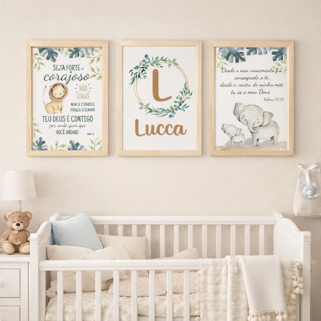 Kit Quadro Quarto Bebê enxoval Safari Animais Aquarela Seja Forte e Corajoso Personalizado Nome