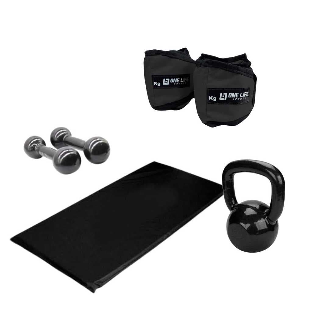 Kit Fitness – One Life Sports® – Caneleira 2kg + Halter 1kg + Kettlebell 4kg + Colchonete | Academia