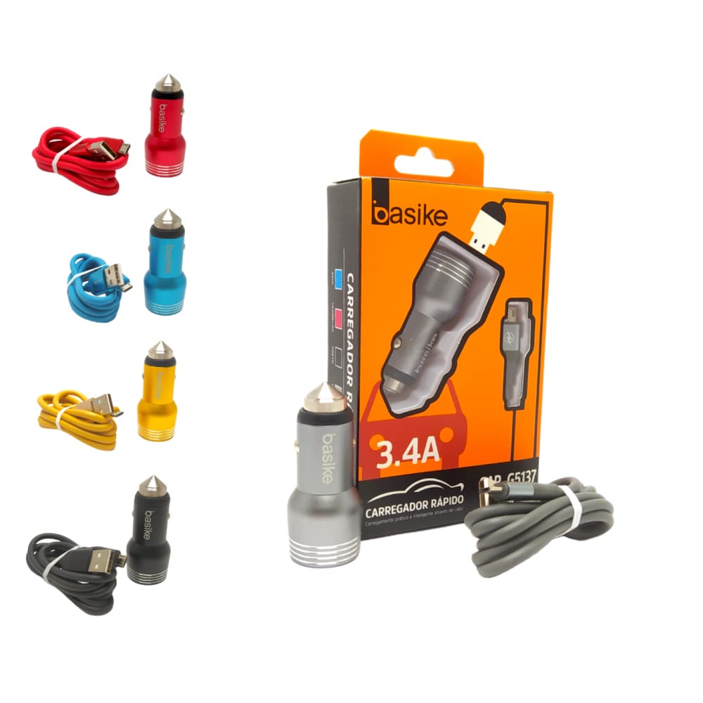 Carregador Veicular Turbo 3.4A com Cabo V8 Basike CAR-G5137-V8