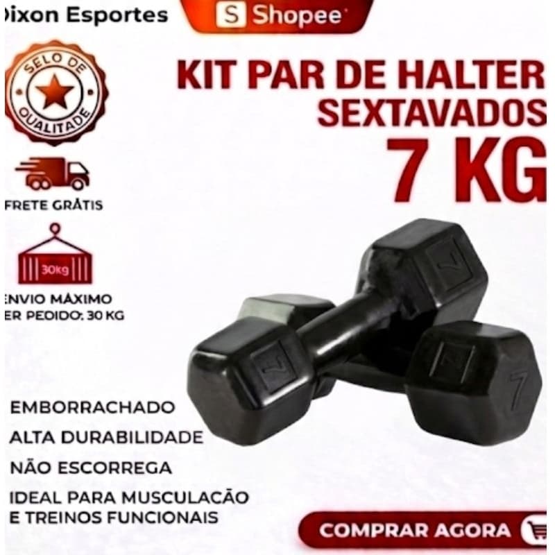 Par Halter(2×7kg) Sextavado Emborrachado (Total 14kg) Academia Musculação Envio Imediato