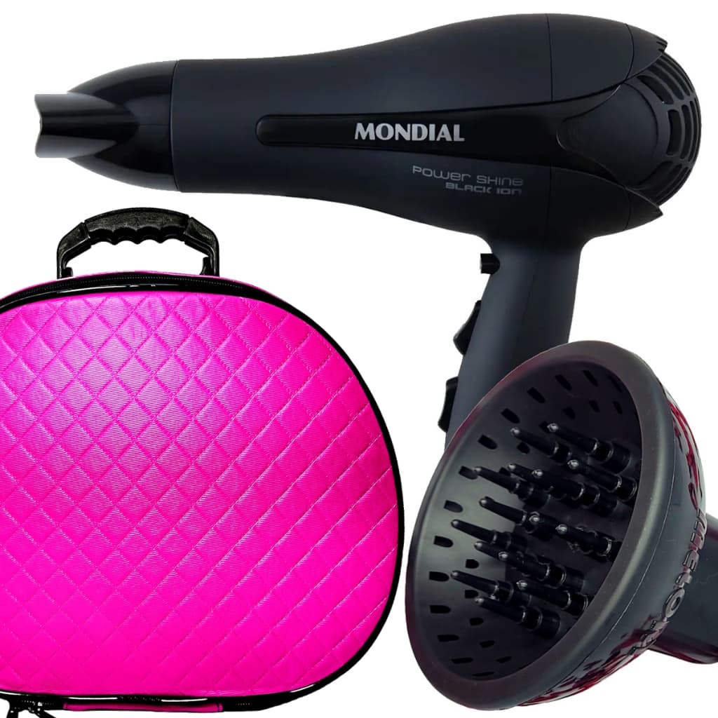 Secador De Cabelo Mondial 2000w Ions Profissional Ar Quente e Frio Power Com Difusor de Cachos Maleta