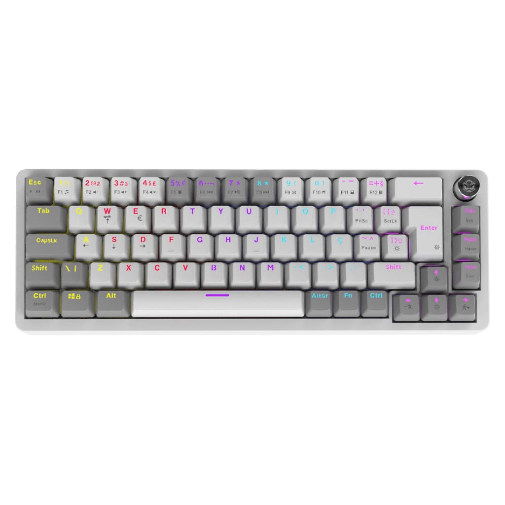 TECLADO MECANICO CINZA E BRANCO 65% PCYES MECKA WHITE GHOST SWITCH BLUE RAINBOW COM FIO