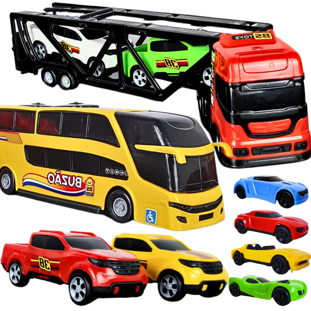 Kit Carrinho Brinquedo Caminhão Cegonha Completo Ônibus Miniatura Presente Menino