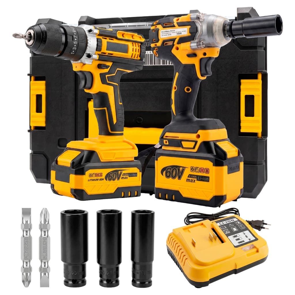Kit 2 Furadeira Parafusadeira Elétrica E Chave De Impacto Brushless A Bateria 60V Profissional