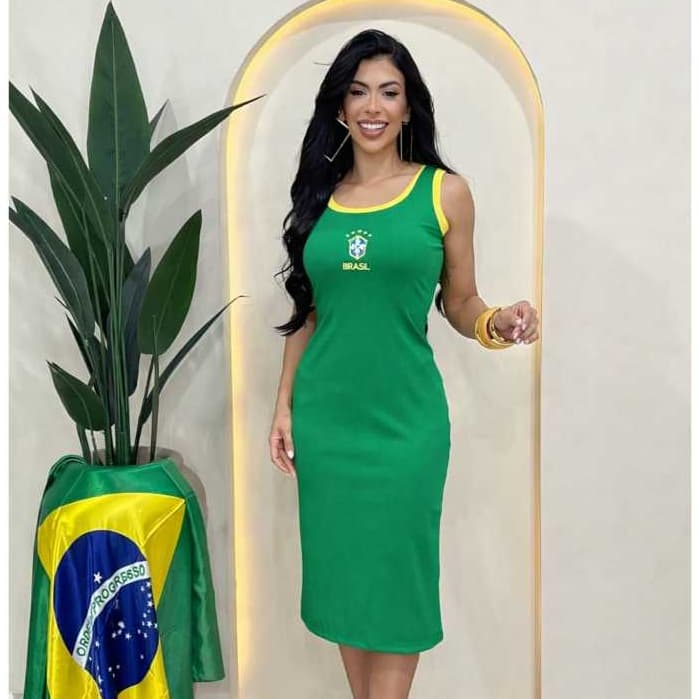 Vestido Feminino Brasil Copa do Mundo Estampado Brasão – Vestido Torcedora Casual Confortável Moda Feminina