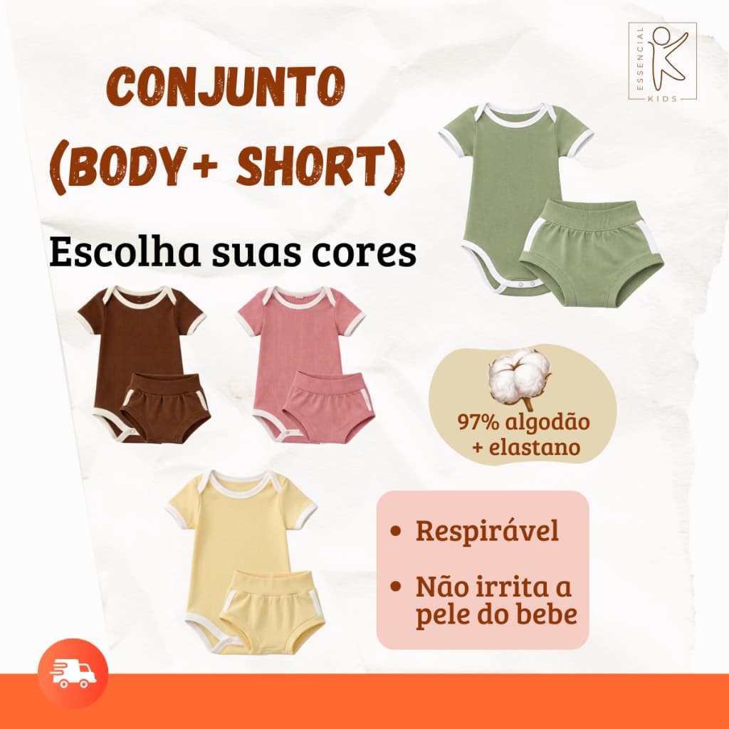 Conjunto Bebê Body e Short Tapa Fralda Algodão Respirável Estiloso Confortável 3 6 12 meses Recém Nascido
