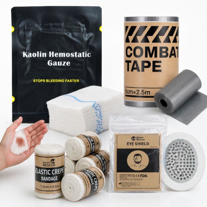 Kit de Primeiros Socorros Profissional –Gaze Hemostático + Bandagens + Proteção Ocular + fita multi uso