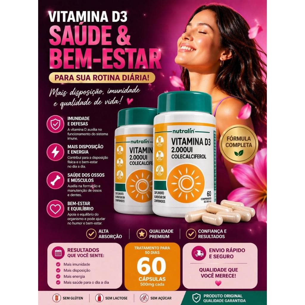 Vitamina D3 2000UI 60 Cápsulas Nutralin Suplemento Alimentar Rotina Bem-Estar Imunidade Ossos