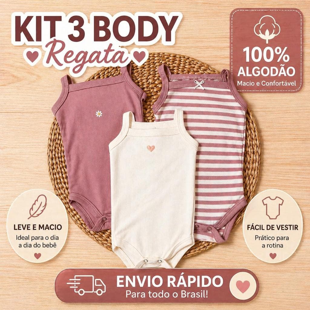 kit com 3 Regatas Alcinha coração Bebê Tecido Macio 100% Algodão maternidade Enxoval Recém Nascido