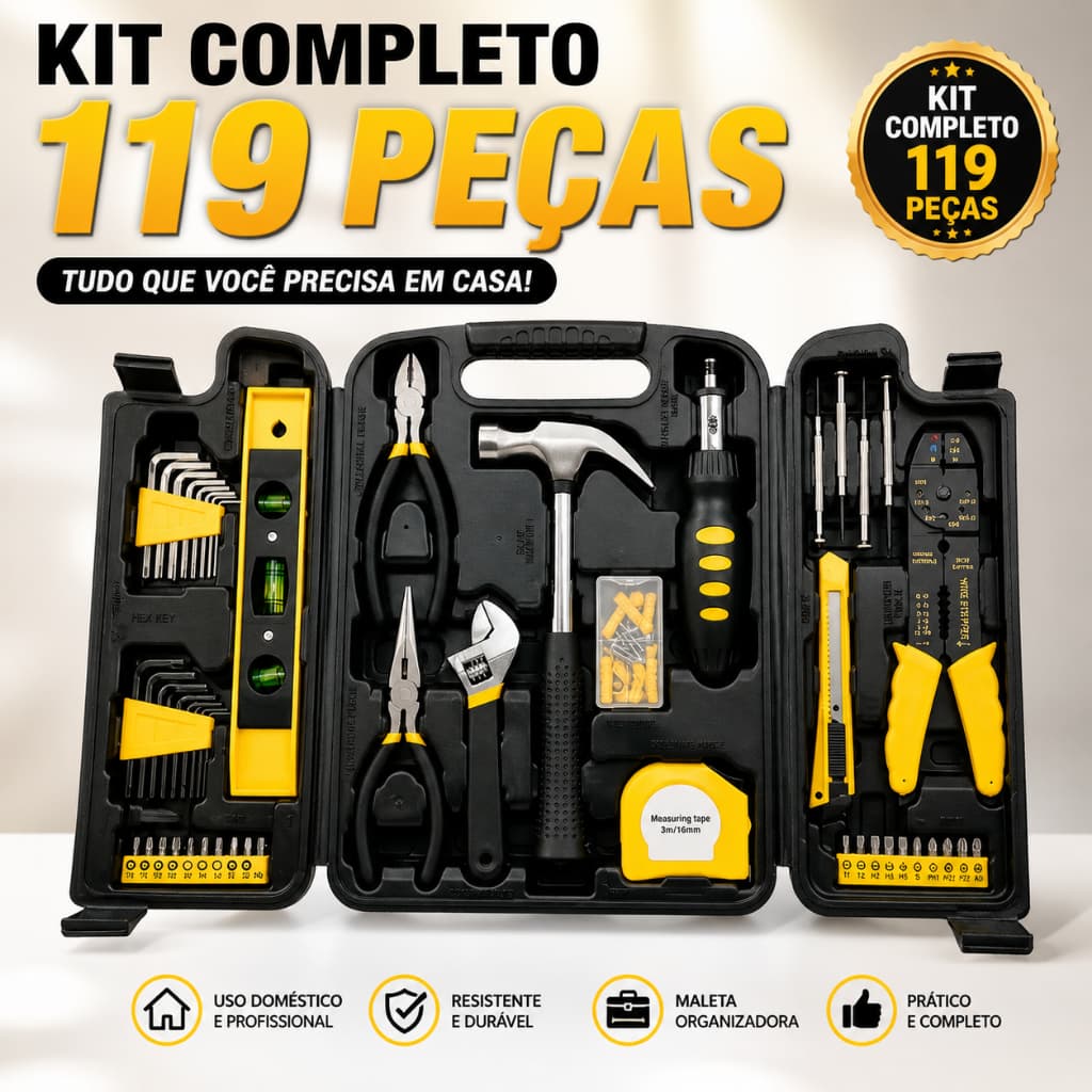 Kit Ferramentas 119 Peças com Maleta Organizadora Completo Alicate Martelo Trena Jogo de Chaves Uso Doméstico Reparos