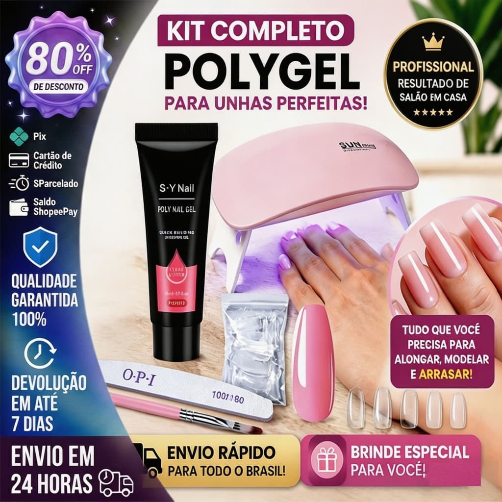 Kit Completo Unhas de Gel Poly Nail Gel 15g + Moldes + Cabine UV SUN Mini Profissional Iniciantes