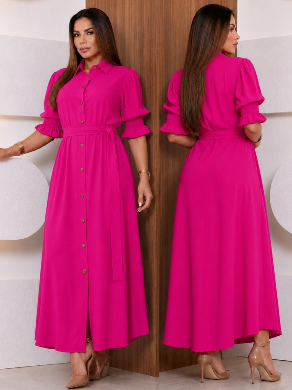 Vestido Longo Chemise Feminino Moda Evangélica Manga Bufante M ao G2 Elegante Chemise Feminino Social