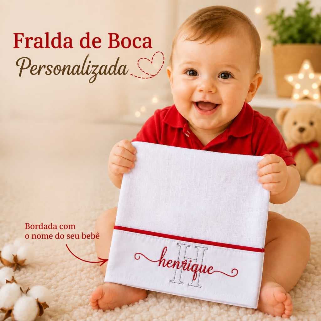 Fralda de Boca e de Ombro Personalizada com nome e letra Bordado | Presente Bebê | Enxoval Recém Nascido 100% Algodão