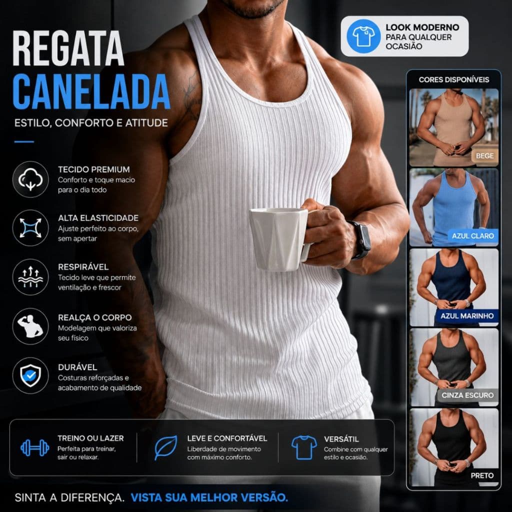 Regata Masculina Cavada Estilo Americano  Ribana Canelada Academia Treino Verão Confortável
