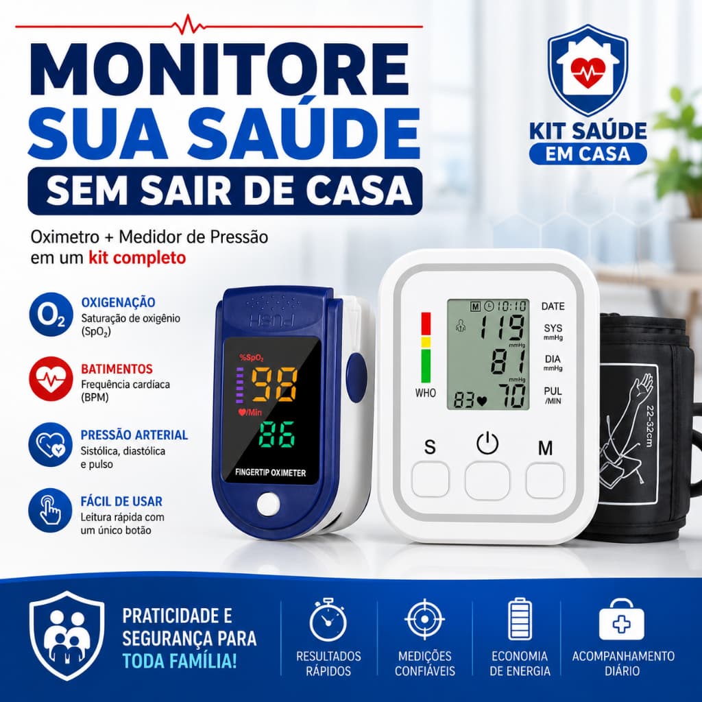 Kit Oxímetro Digital de Dedo + Aparelho Medidor de Pressão Arterial Digital Braço