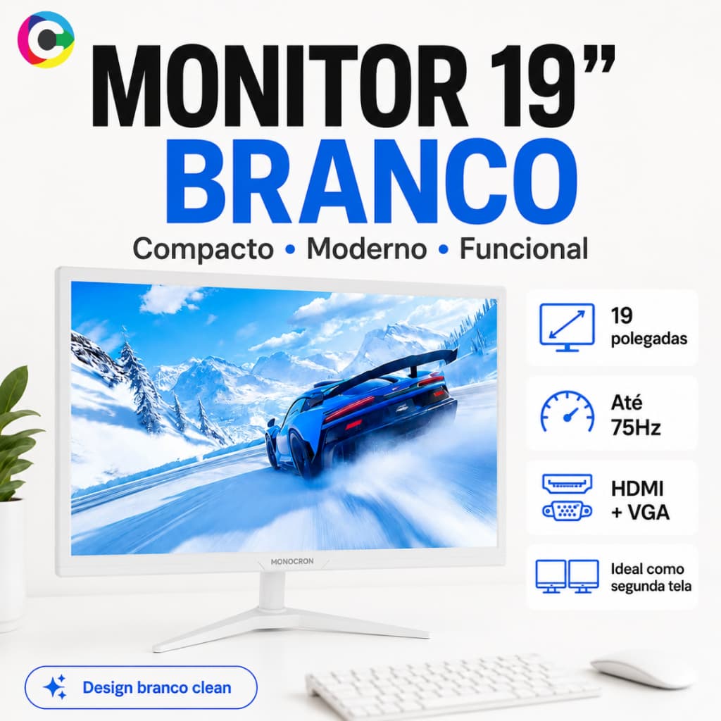 Monitor 19 Polegadas Branco Gamer 75Hz HDMI VGA 1000:1 6-bits Painel TN Segunda Tela Compacto