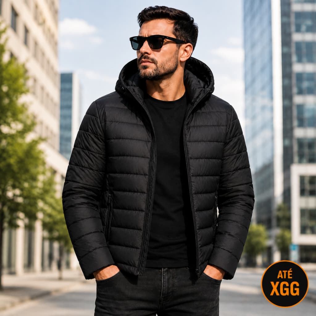 Casaco Jaqueta Puffer Gominho Masculina Impermeável Bobojaco Corta Vento Capuz Removível Frio Inverno Nylon Preta