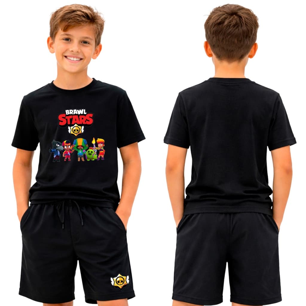 Kit Infantil 2 peças Com 1 Camiseta e 1 Short Moletom B.Stars Conjunto Bermuda Moletom Camisa Brawlers Game